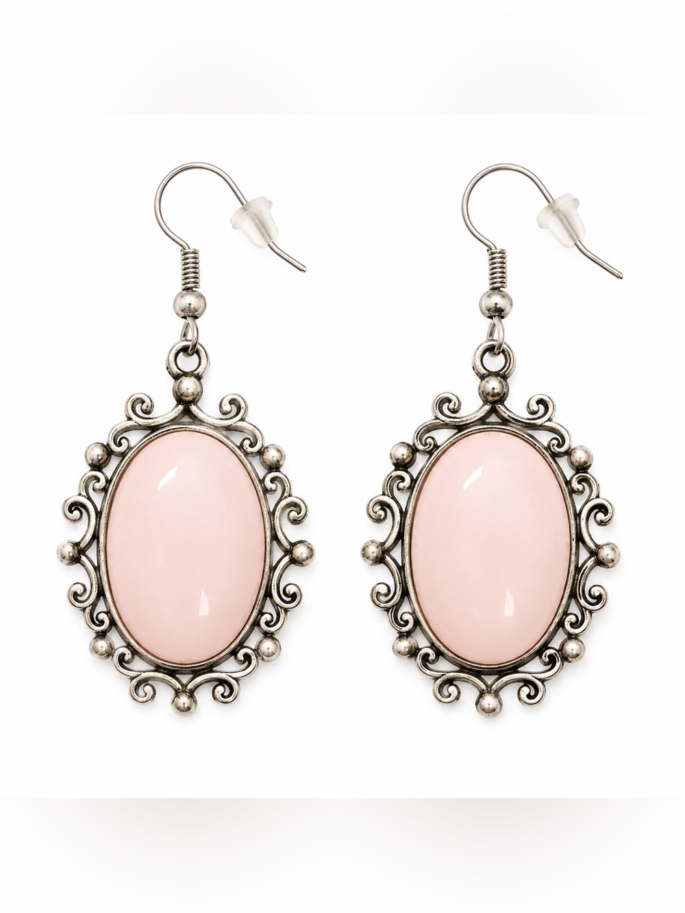 Paparazzi Faux Pink Stone Earrings Oval Silver Tone Dangle Drop French Wire